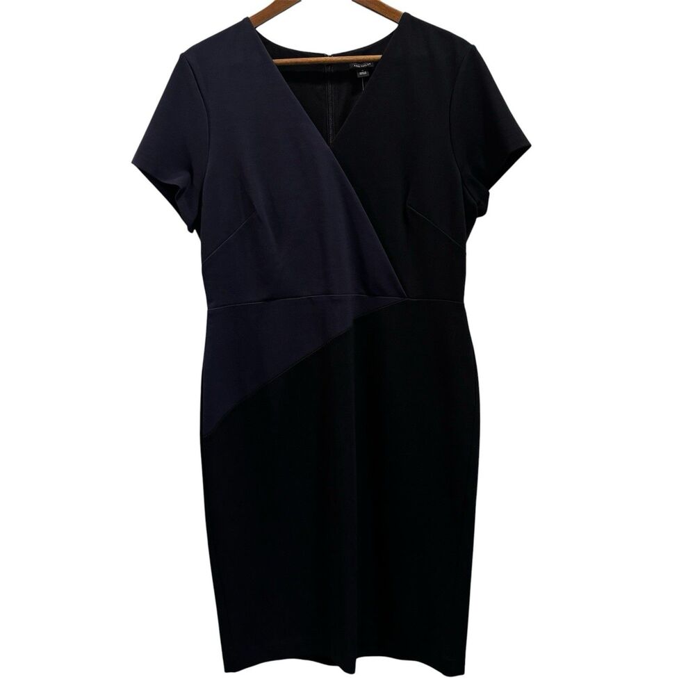 New Ann Taylor Dress Women 12 Blue Black Sheath V-Neck Zipper Short Sleeve